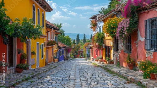 Colorful Historic Street with Cobblestone Road and Vibrant Facades on a Sunny Day