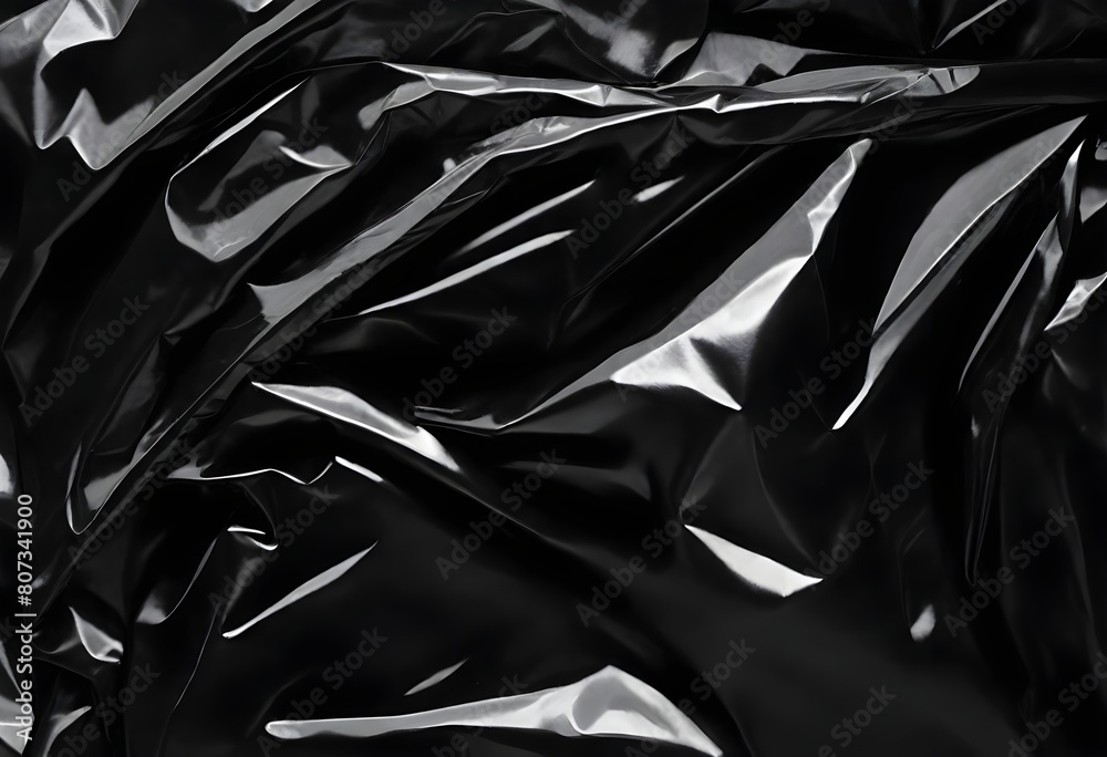 Closeup of a crumpled black shiny material with sharp folds and creases create with ai