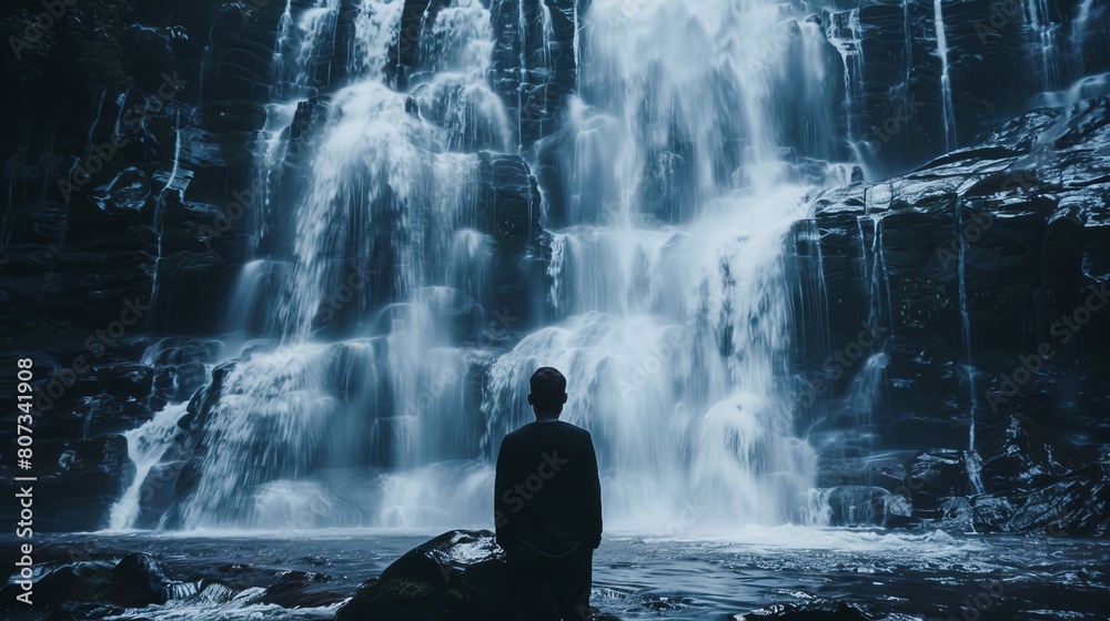 Obraz premium Monumental Silhouette: Profound Impact on Life’s Flow Amidst Cascading Waterfall