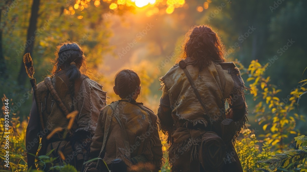 Tribe of Hunter-Gatherers in Animal Skin Overlooking Sunrise in Forest Tribe of Hunter-Gatherers in Animal Skin Overlooking Sunrise in Forest