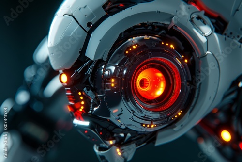 Closeup of a futuristic robot with glowing red lights, set against a sleek black metallic background