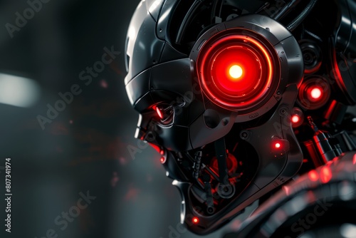 A close-up of a futuristic robot with glowing eyes and a red light on its face against a metallic background