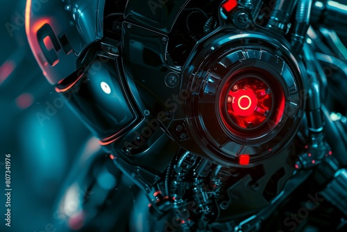 A futuristic robot with a glowing red eye  set against a sleek black metallic background