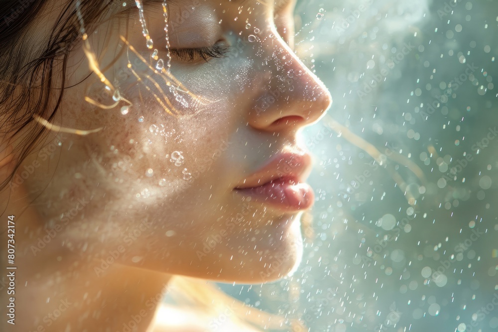 A woman with her eyes closed standing under a shower of water, feeling refreshed and relaxed