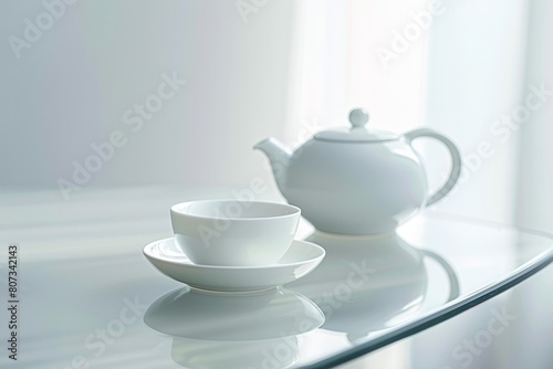 Closeup of a white ceramic teapot and matching teacup placed on a clear glass table