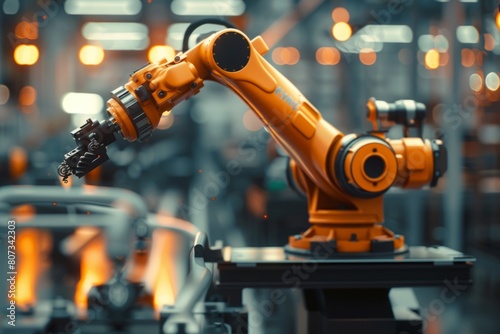 A robotic arm is seen in action on a modern assembly line in a factory, demonstrating advanced technology and precision