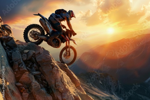 A person on a dirt bike fearlessly jumps over a cliff on steep mountain trails, with the setting sun illuminating their expression