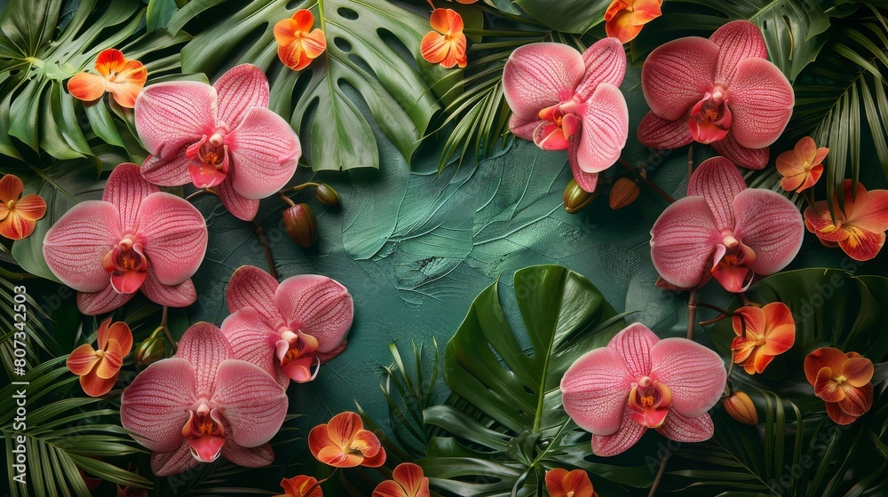 Fototapeta premium Group of Pink Flowers Surrounded by Green Leaves