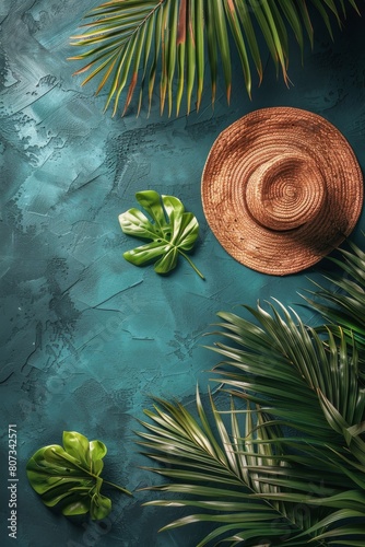 Blue Background With Hat and Palm Leaves