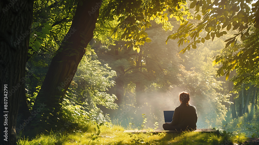 An inspiring image capturing the harmonious blend of work and nature as a person diligently works on their laptop amidst the serene beauty of the great outdoors An inspiring image capturing the harmonious blend of work and nature as a person diligently works on their laptop amidst the serene beauty of the great outdoors