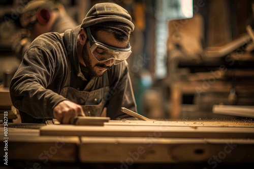 A carpenter wearing safety goggles is focused on sawing through a piece of wood