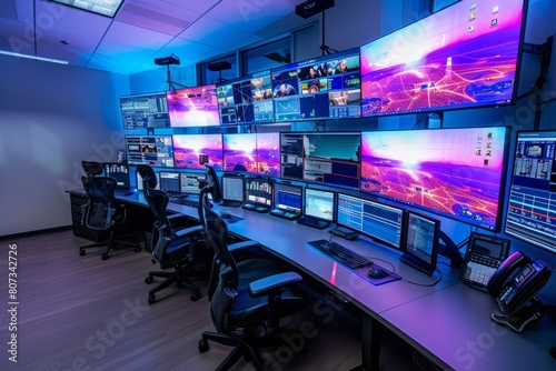 Digital security operations center with multiple high-resolution monitors displaying various data for analysts