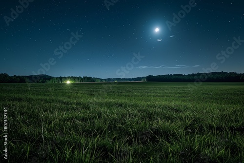A grassy field under a bright moonlit sky. The moon casts a soft glow over the landscape, creating a serene atmosphere