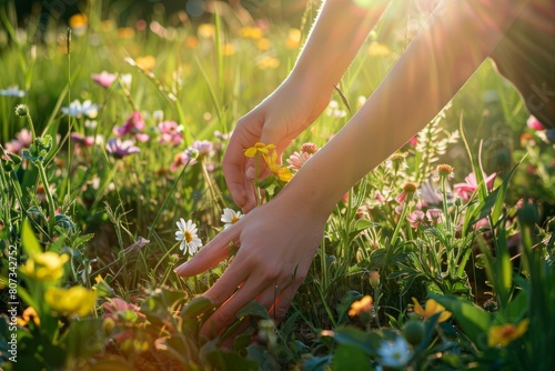 A person is reaching out to pick a flower from the grass in a sunlit meadow