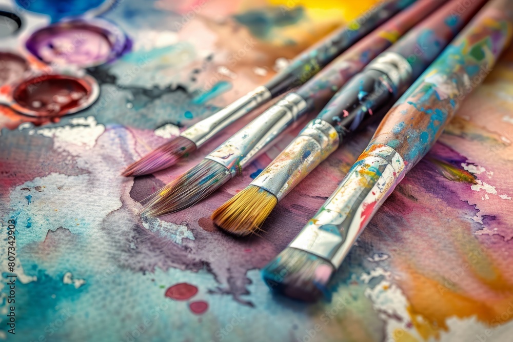 Several watercolor brushes rest on a palette filled with vibrant hues on textured watercolor paper