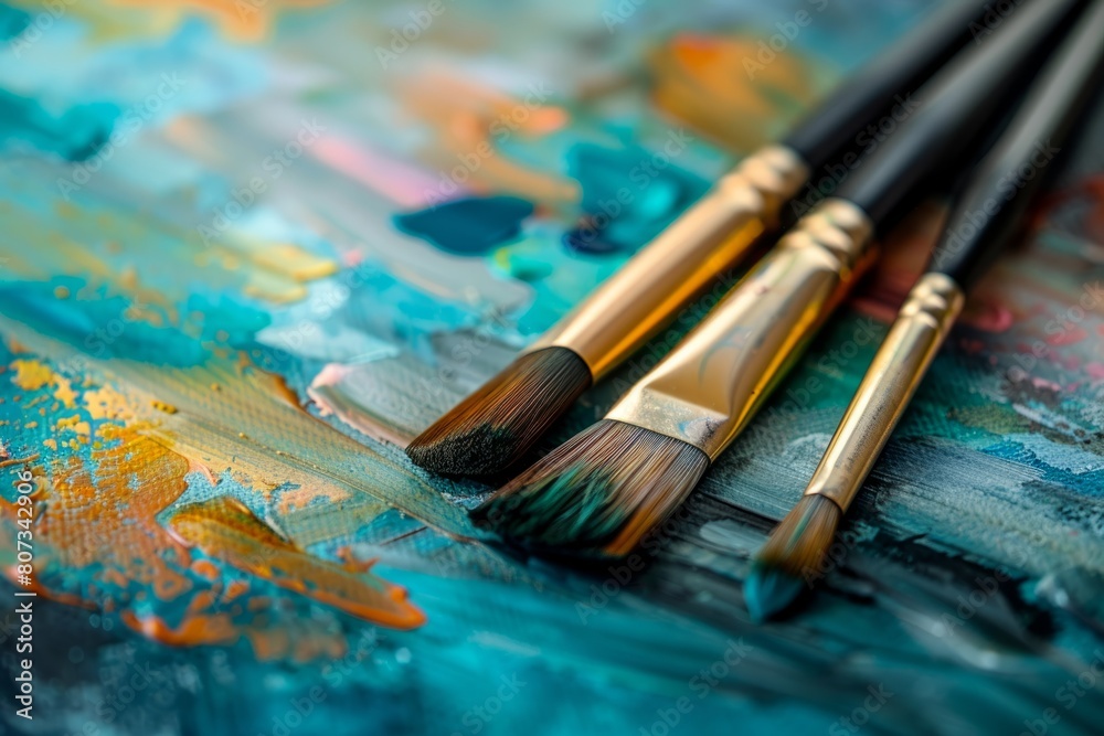 Close-up of three paint brushes resting on a colorful piece of art, showcasing vibrant hues and textures