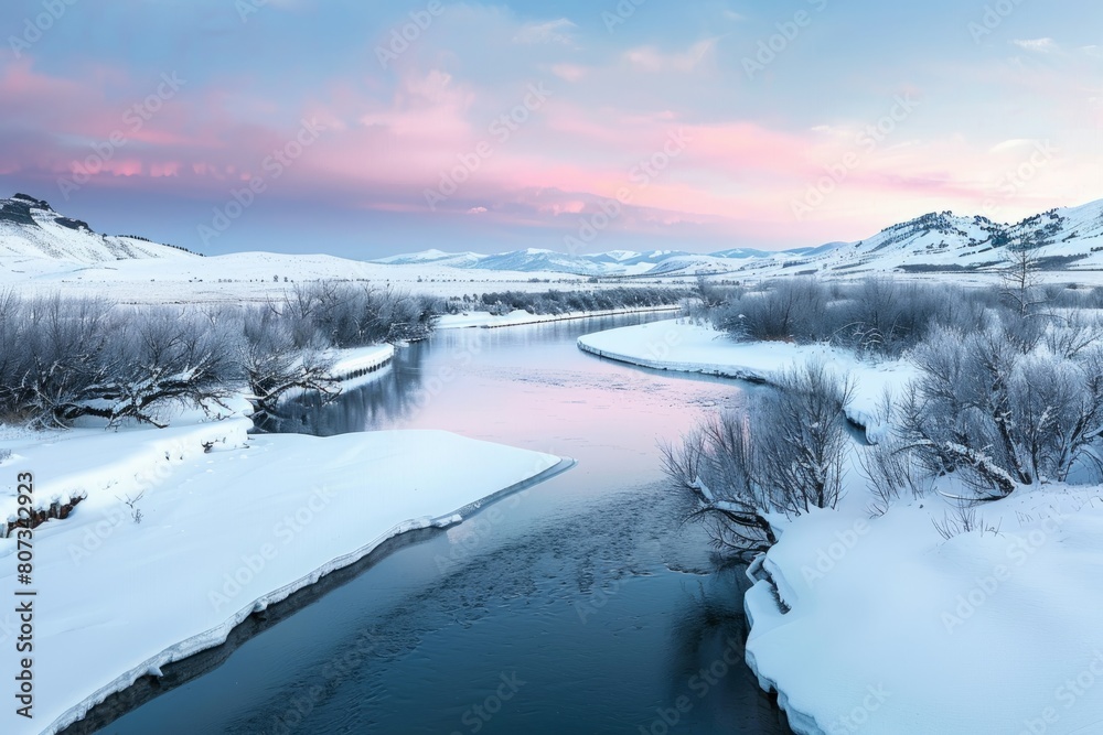 A panoramic view of a snow covered landscape at dusk, with a winding river cutting through the winter scene