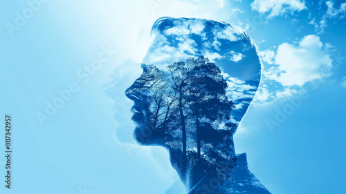 Sky clouds and Trees blended face representing selfreflection and inner peace, double exposure effect photo