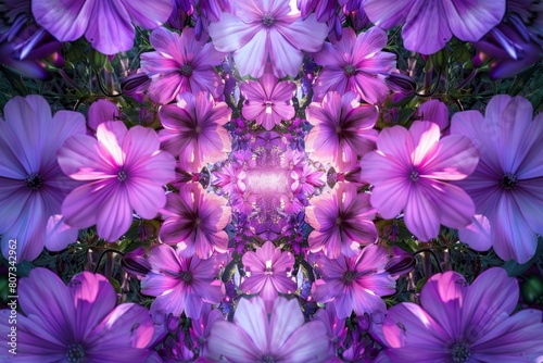 A panoramic view of a sundrenched garden bursting with vibrant purple blooms arranged in a mesmerizing kaleidoscope pattern © Ilia Nesolenyi