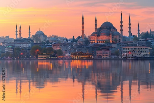 A cityscape with domes and minarets stands across a large body of water, illuminated by the warm light of dawn photo