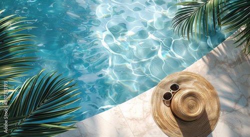 Hat, Sunglasses, and Straw Hat by Pool