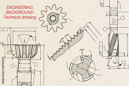 Mechanical engineering drawings on sepia background. Tap tools, borer. Technical Design. Cover. Blueprint. Vector illustration.