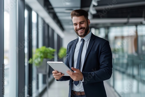 Man in Suit and Tie Holding Tablet