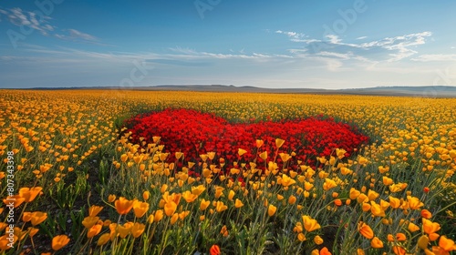 A field of yellow and red flowers with a heart in the middle