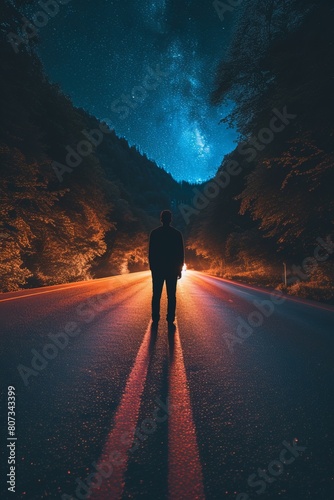 Man Standing in the Middle of the Road at Night photo