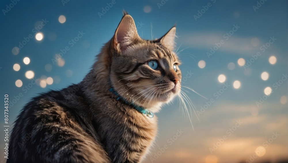 Enchanting Banner, Innocent Cat Staring Up on Serene Sky Blue Background