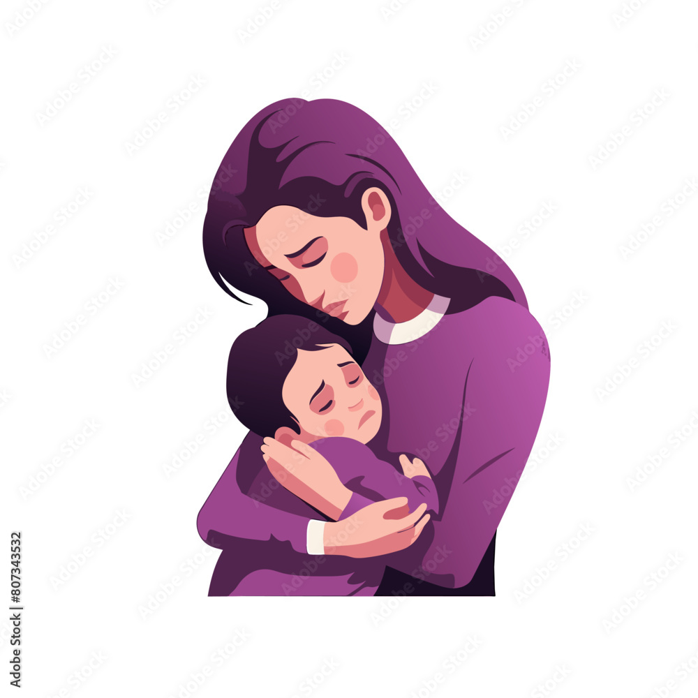 Obraz premium Sad mother hugs her baby boy. Care and love of parent for his son. Family hug. Separation of mother and child. Cartoon illustration