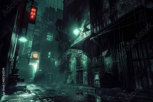 A dark city street in a cyberpunk cityscape at night, with a red traffic light glowing ominously