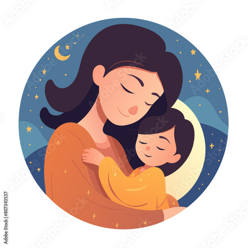 Mother hugs her baby girl. Care and love of parent for his daughter. Family hug with love. Night, time of sleep. Cartoon illustration