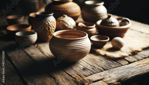 Handcrafted Ceramic Pottery Displayed on Rustic Wooden Table in Artisan Workshop
