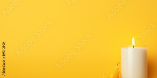 Yellow background with white thin wax candle with a small lit flame for funeral grief death dead sad emotion with copy space texture for display products