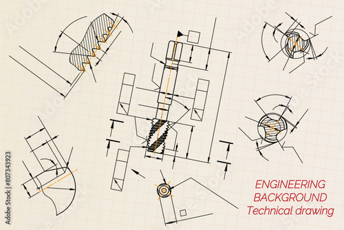 Mechanical engineering drawings on light background. Tap tools, borer. Technical Design. Cover. Blueprint. Vector illustration.