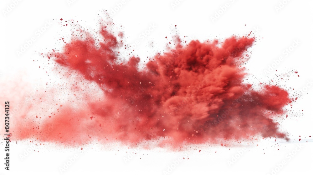 Dry Soil explosion with dirt and cloud smoke. Isolated on white background.Red  Dirty ground abstract spread with flying particles