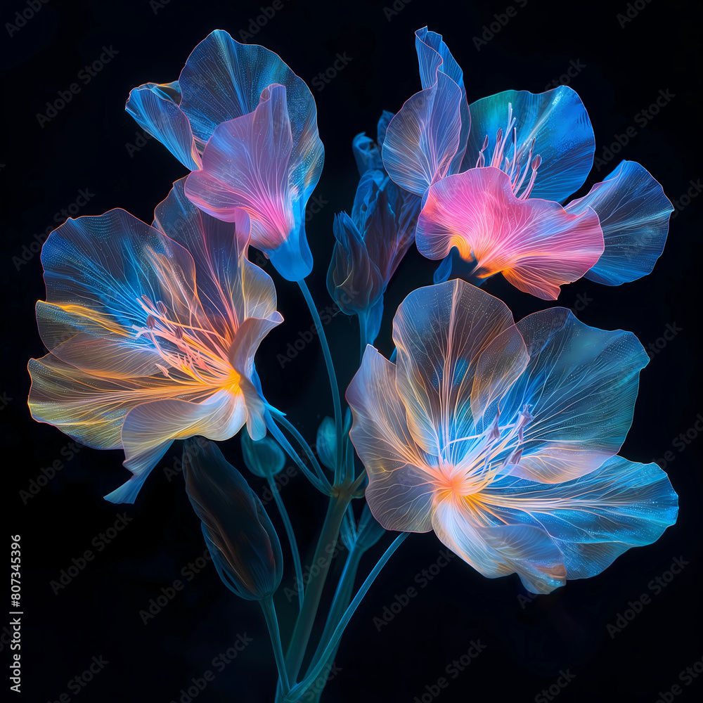 A bouquet of transparent neon flowers with a blue and purple hue A bouquet of transparent neon flowers with a blue and purple hue