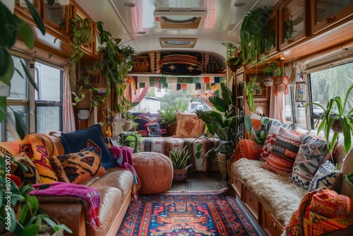 Bohemian Chic Mobile Home Interior with Vibrant Textiles and Plants © Sajida