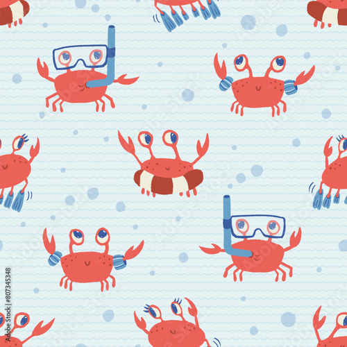 Seamless vector pattern with funny crabs in the ocean of waves, great for kids and baby textile