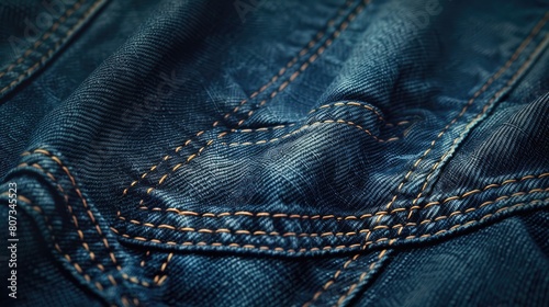 A close up of the blue denim fabric with the stitching visible. The denim fabric is blue and has a yellow and orange thread photo