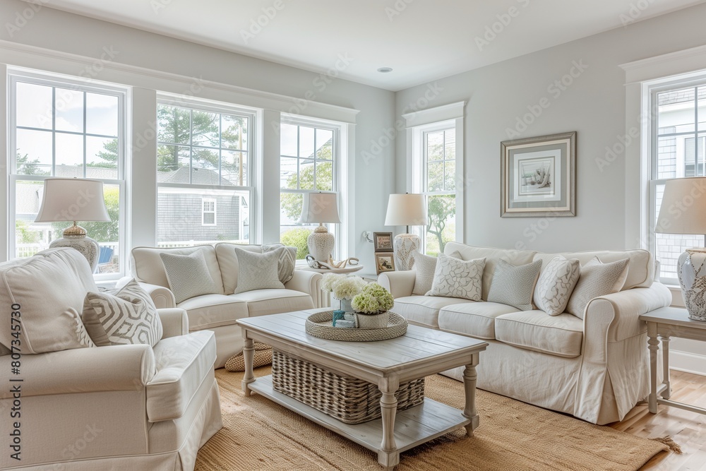 Fototapeta premium Bright and Airy Cape Cod Living Room with Coastal Decor and Natural Light