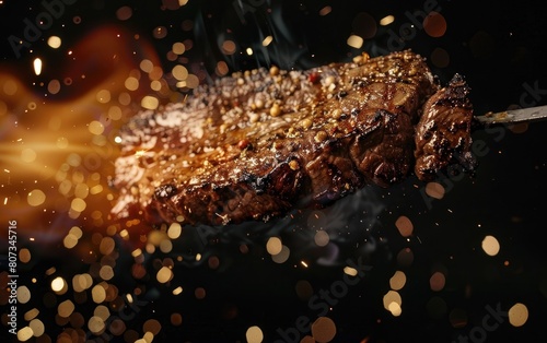 Juicy grilled steak on a fork with fiery sparks dancing around. photo