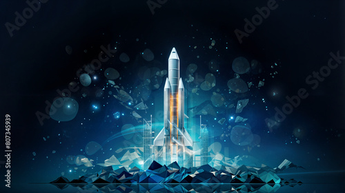 Abstract Rocket Launch. Digital Spaceship Flying Up Into Outer Space. Business Development, Boosting Concept. 