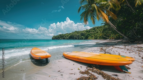 Two Surfboards Leaning Against a Palm Tree on a Beach