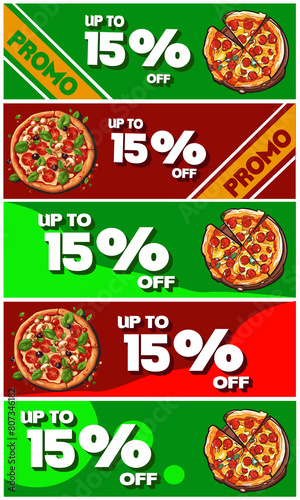 15OFF, pack with 5 discount coupons for purchasing pizzas, colors green and red. 15 percent OFF photo