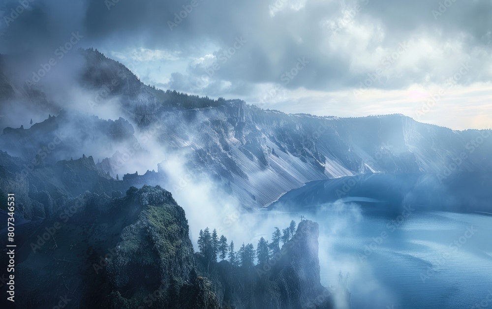 Majestic mountain overlooking a serene crater lake enveloped in mist.