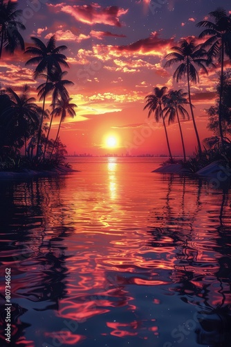 Sunset Over a Body of Water With Palm Trees © olegganko