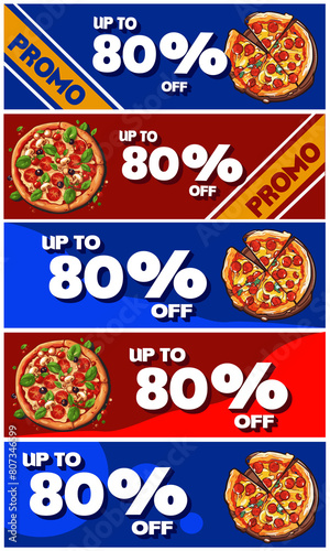 80 OFF, 5 discount coupons for purchasing pizzas, blue and red.