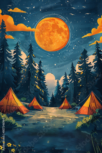 Nighttime Camp Site Painting